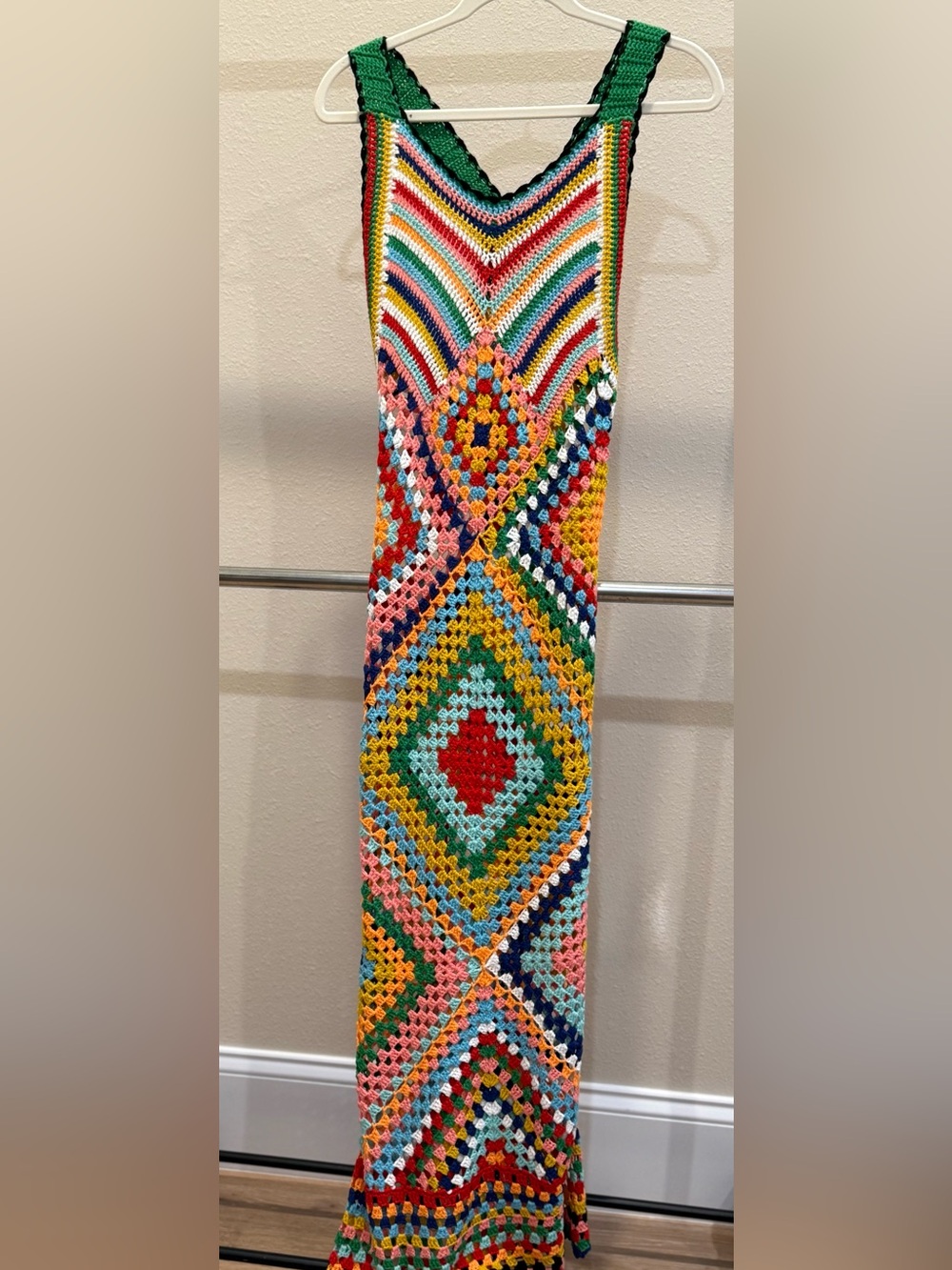 Multicolor Crochet Dress with Green Straps